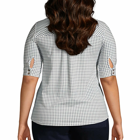 NWOT Lands' End Ivory Check Elbow Sleeve Button Front Top - Picture 3 of 7